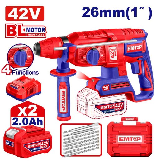 Brushless 42V Cordless Rotary Hammer 2.5J SDS Plus 0-1100rpm 0-5000bpm 26mm Concrete with 3 Drills Chisel 2x2.0Ah Batteries Charger Carry Case